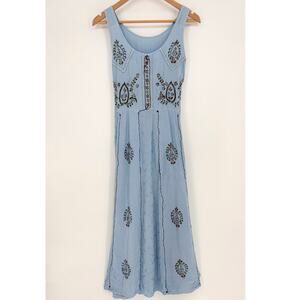 Sky Blue Embroidered Cotton Boho Tie Back Sleeveless Midi Dress Size S